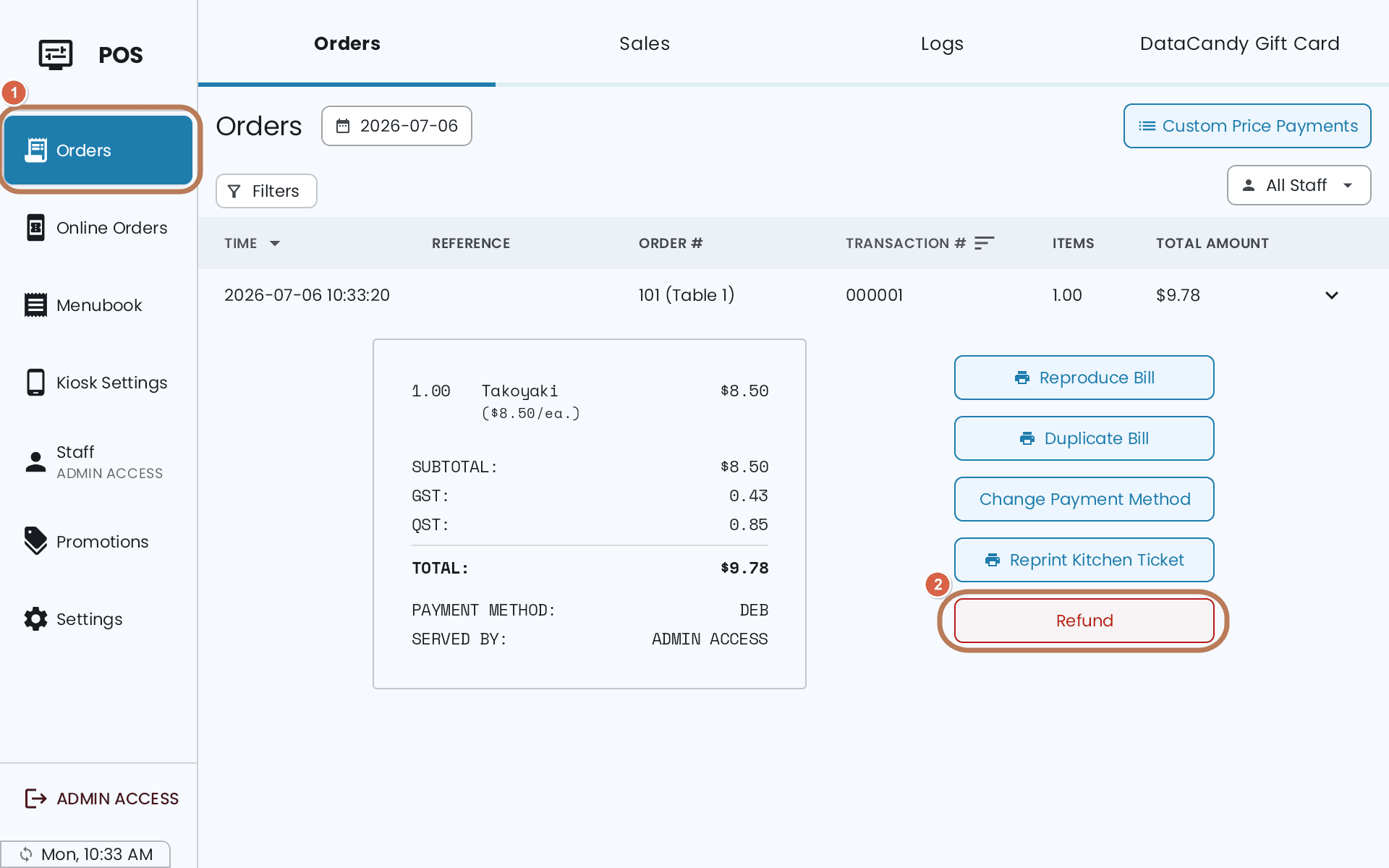 The Orders screen on the POS with a completed order expanded, showing Reproduce Bill, Duplicate Bill, Change Payment Method, Reprint Kitchen Ticket and Refund