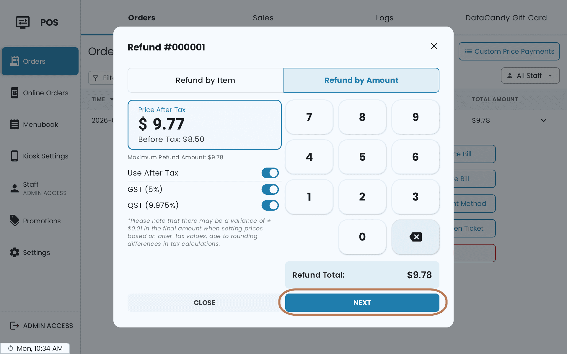 The Refund by Amount tab showing the Maximum Refund Amount, the Use After Tax switch and the rounding note under it