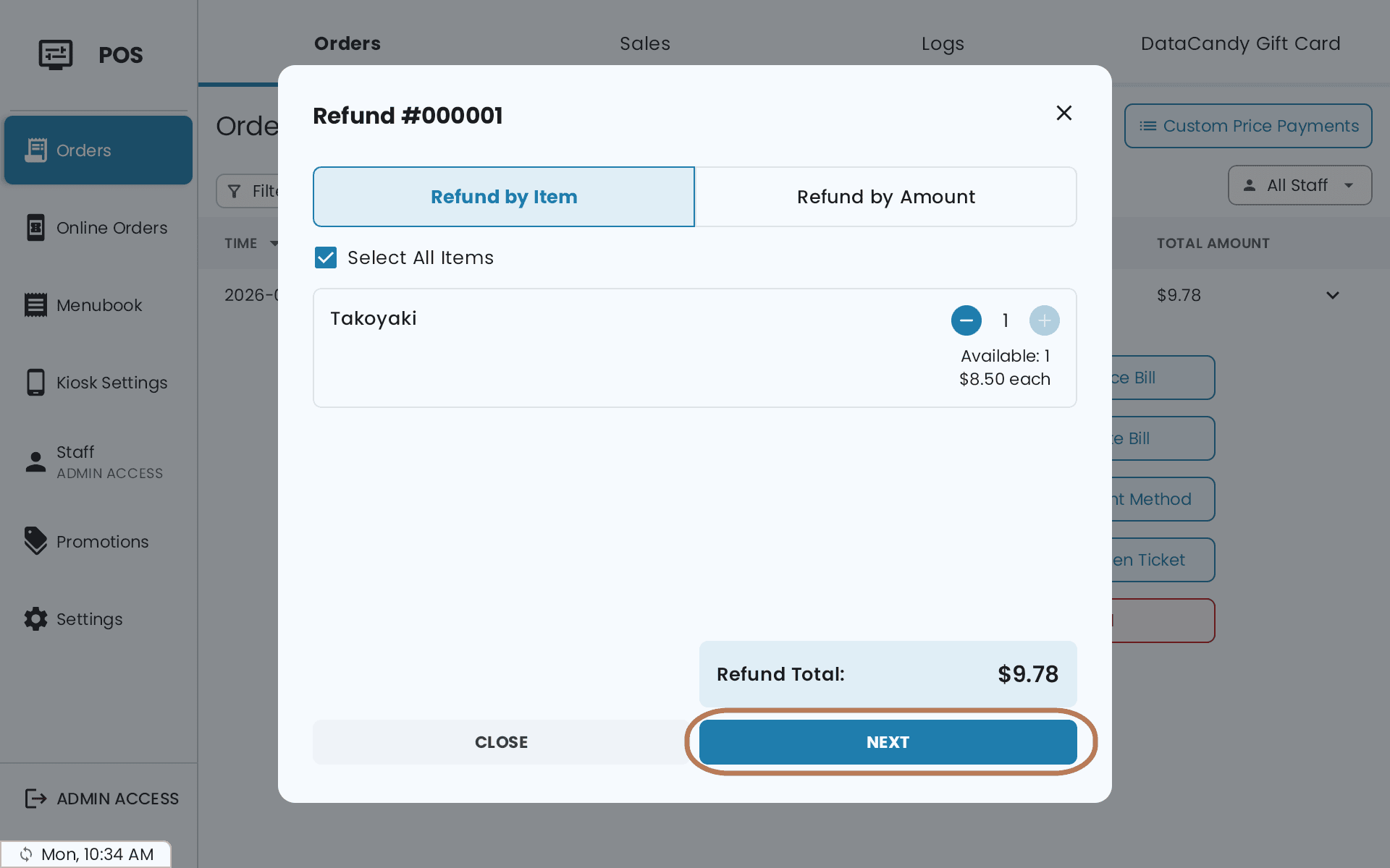 The Refund by Item tab with Select All Items ticked, a plus and minus stepper on the item, and the Refund Total