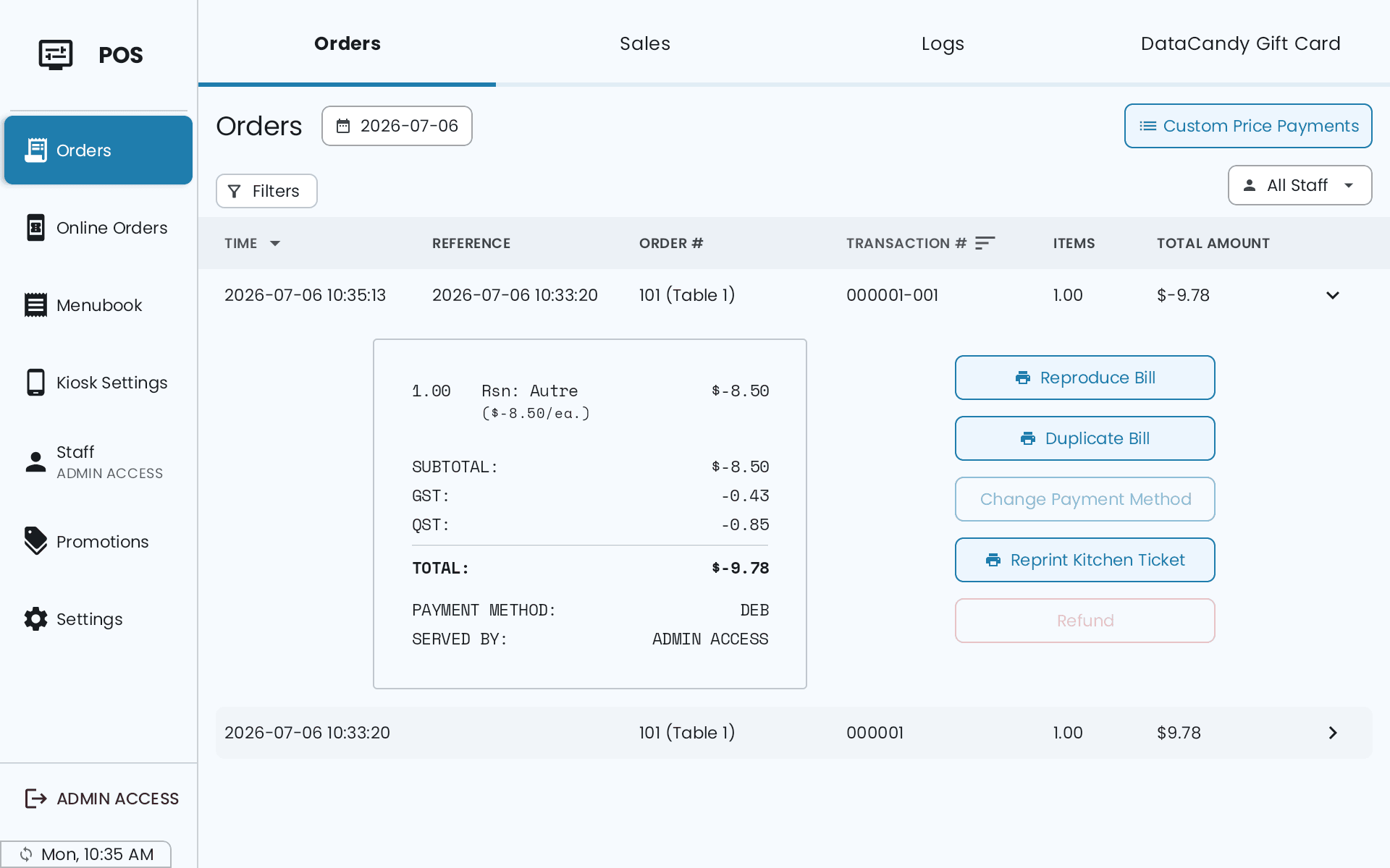The order list after a refund: a negative entry above the original order, with Change Payment Method and Refund greyed out on it
