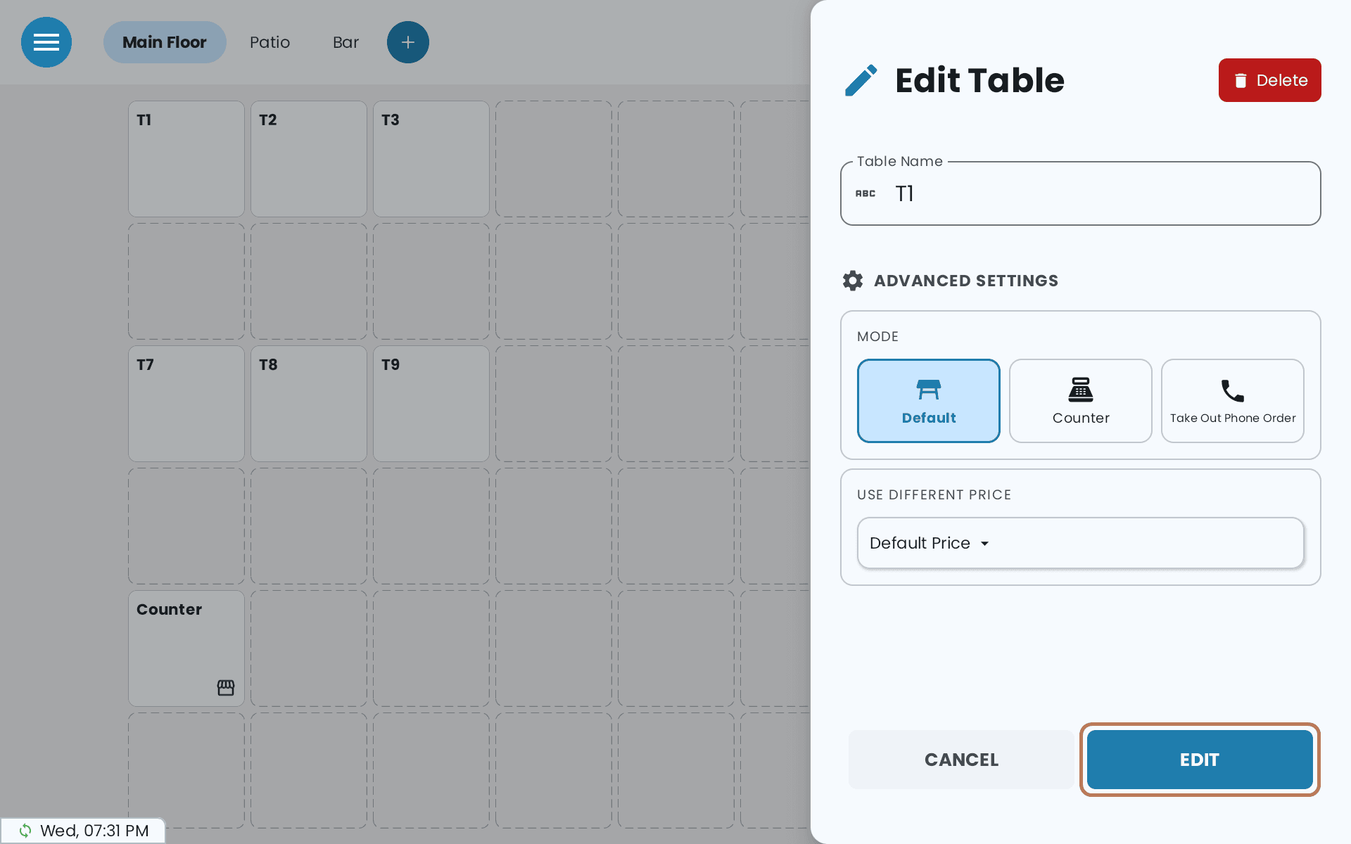 The Edit Table panel, the same fields as Add Table with a red Delete button at the top right