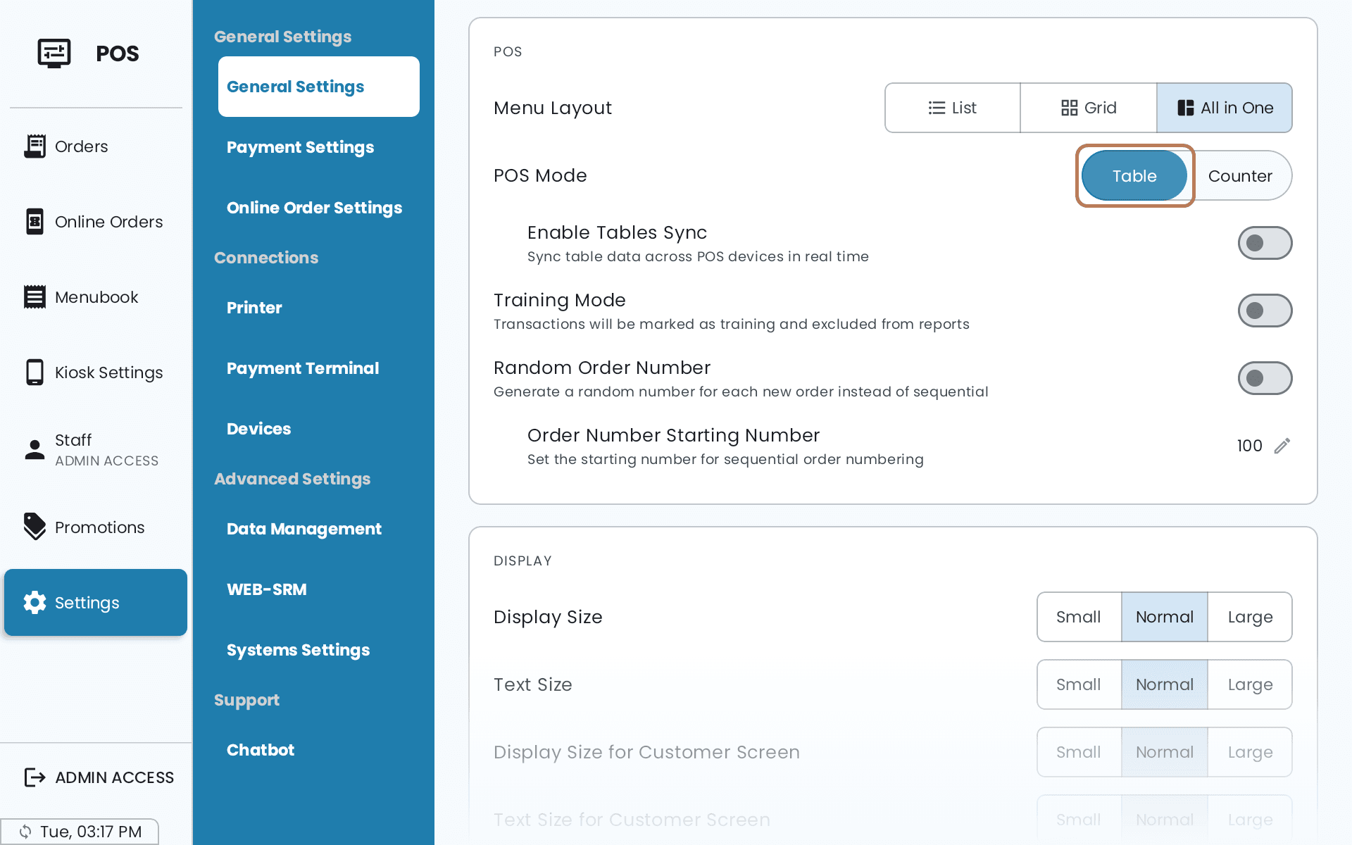General Settings on the POS, with POS Mode set to Table and the Enable Tables Sync switch beneath it