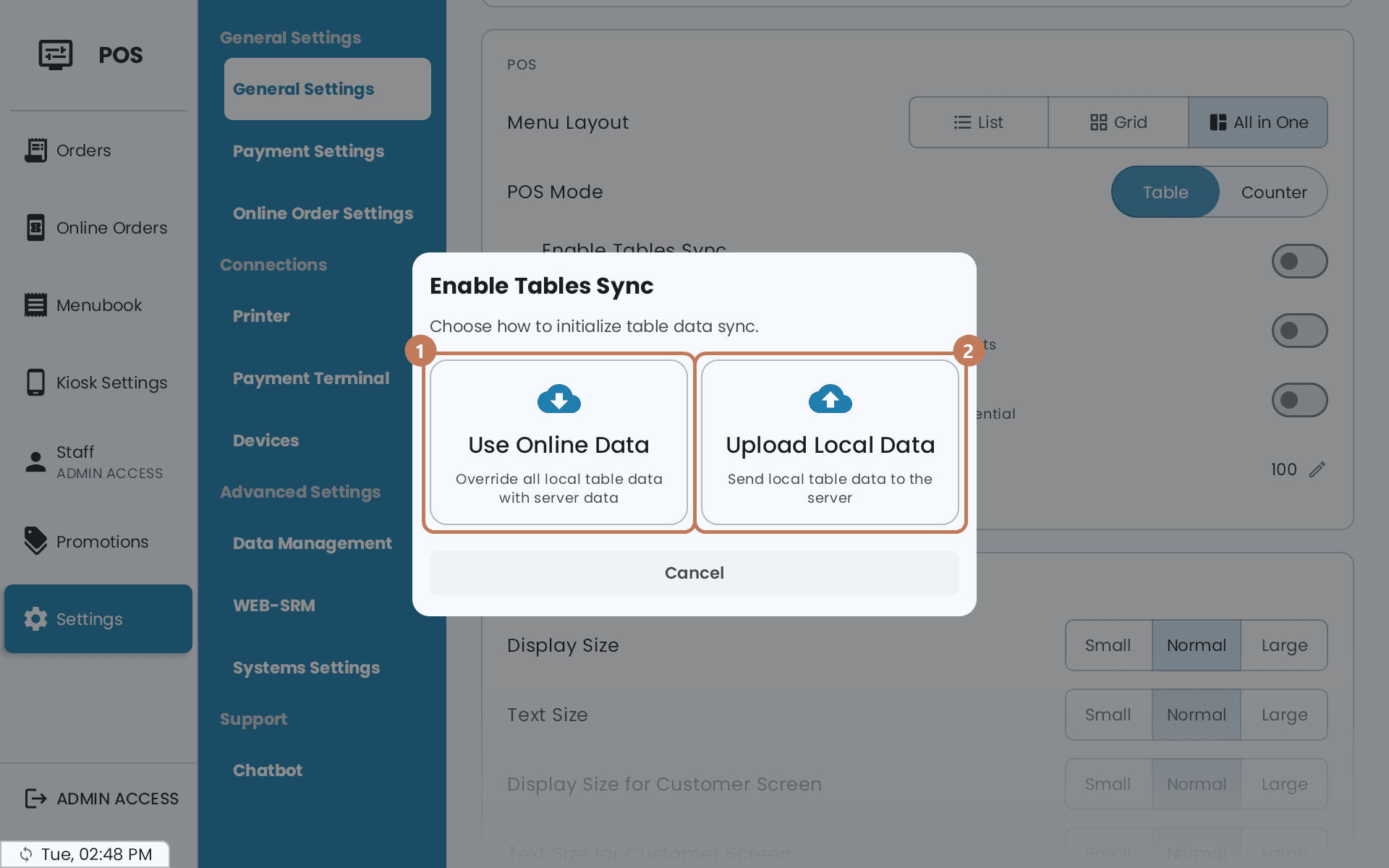 The Enable Tables Sync dialog offering Use Online Data or Upload Local Data