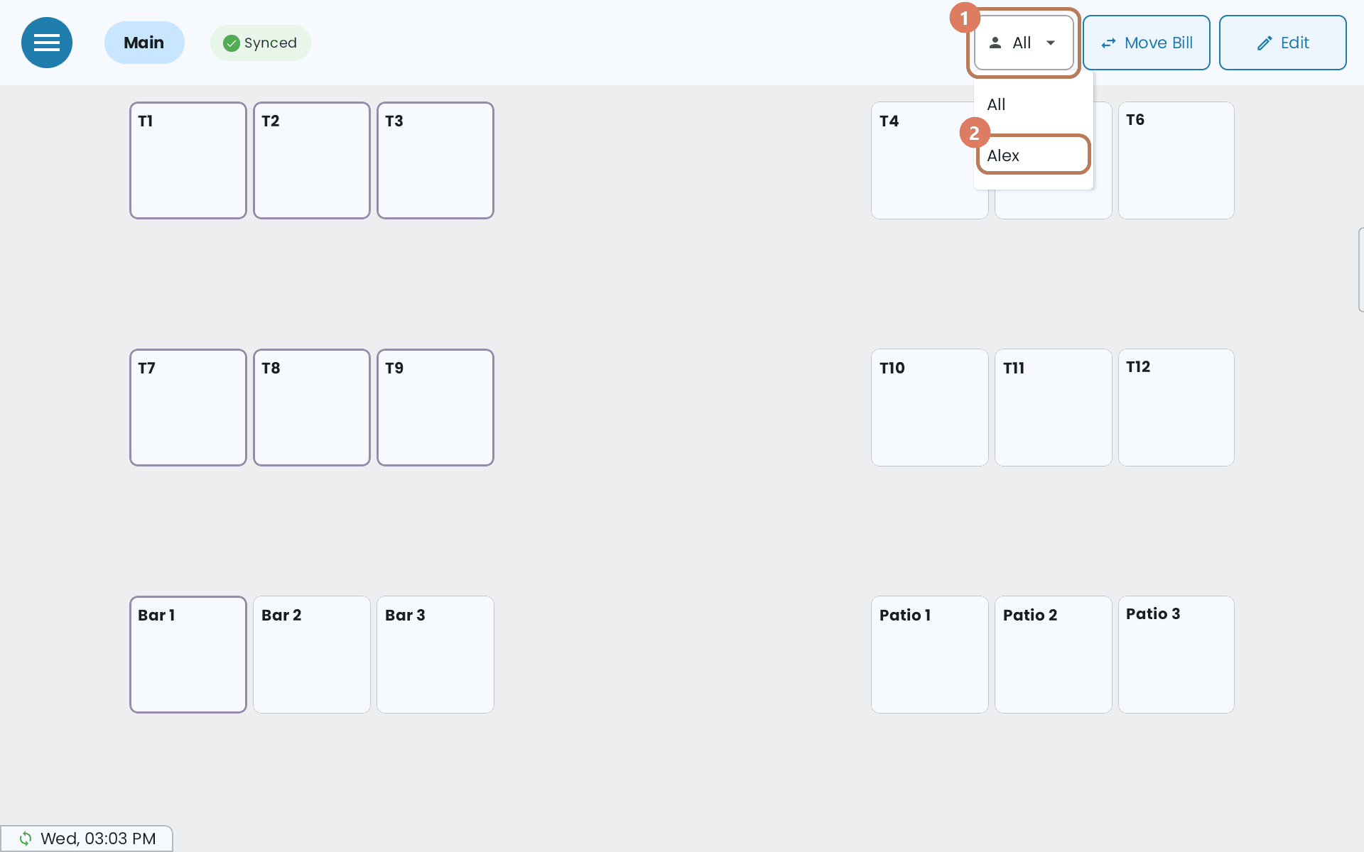 The staff filter open on the floor plan, listing All and the signed-in server's name