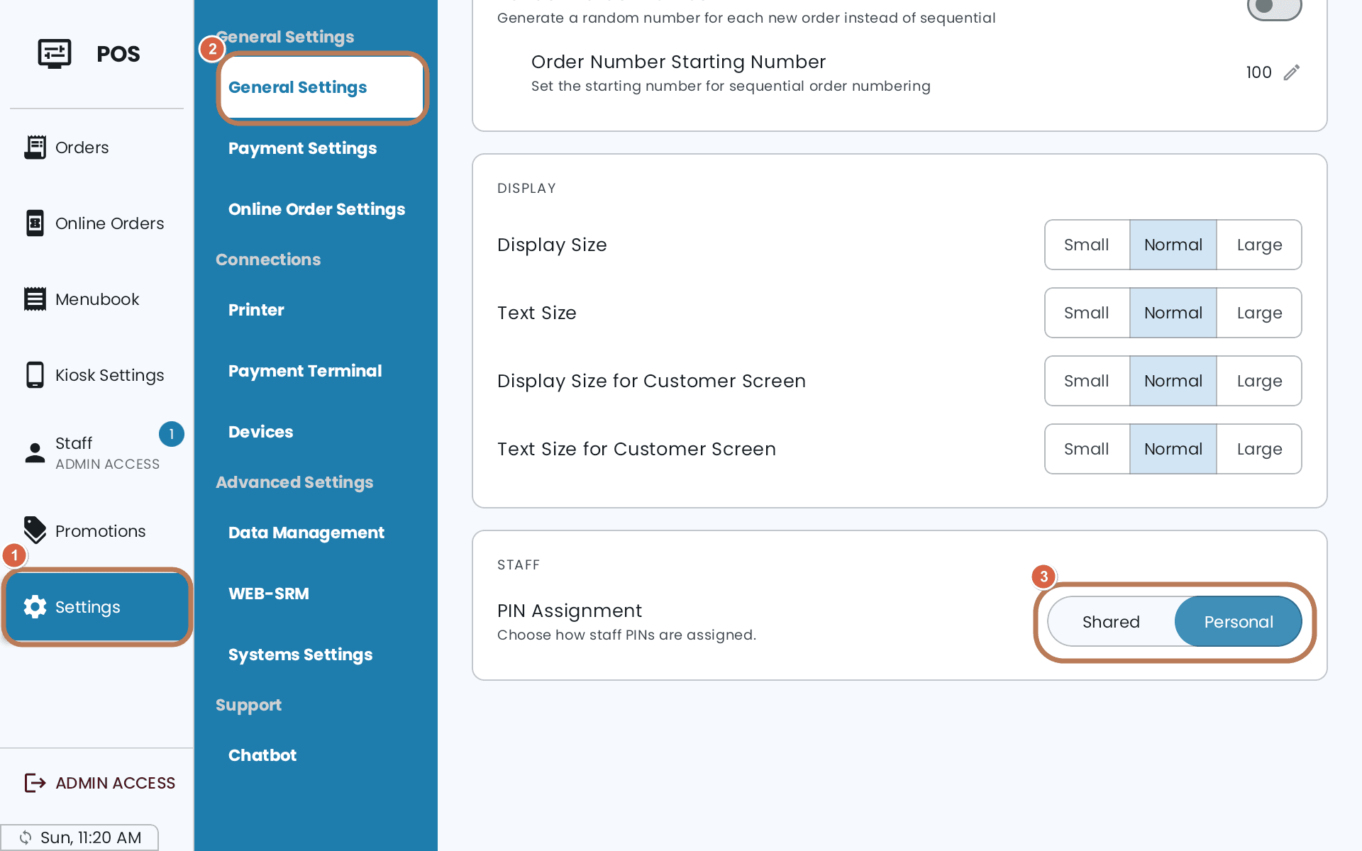 General Settings on the POS scrolled to the Staff card, where PIN Assignment switches between Shared and Personal