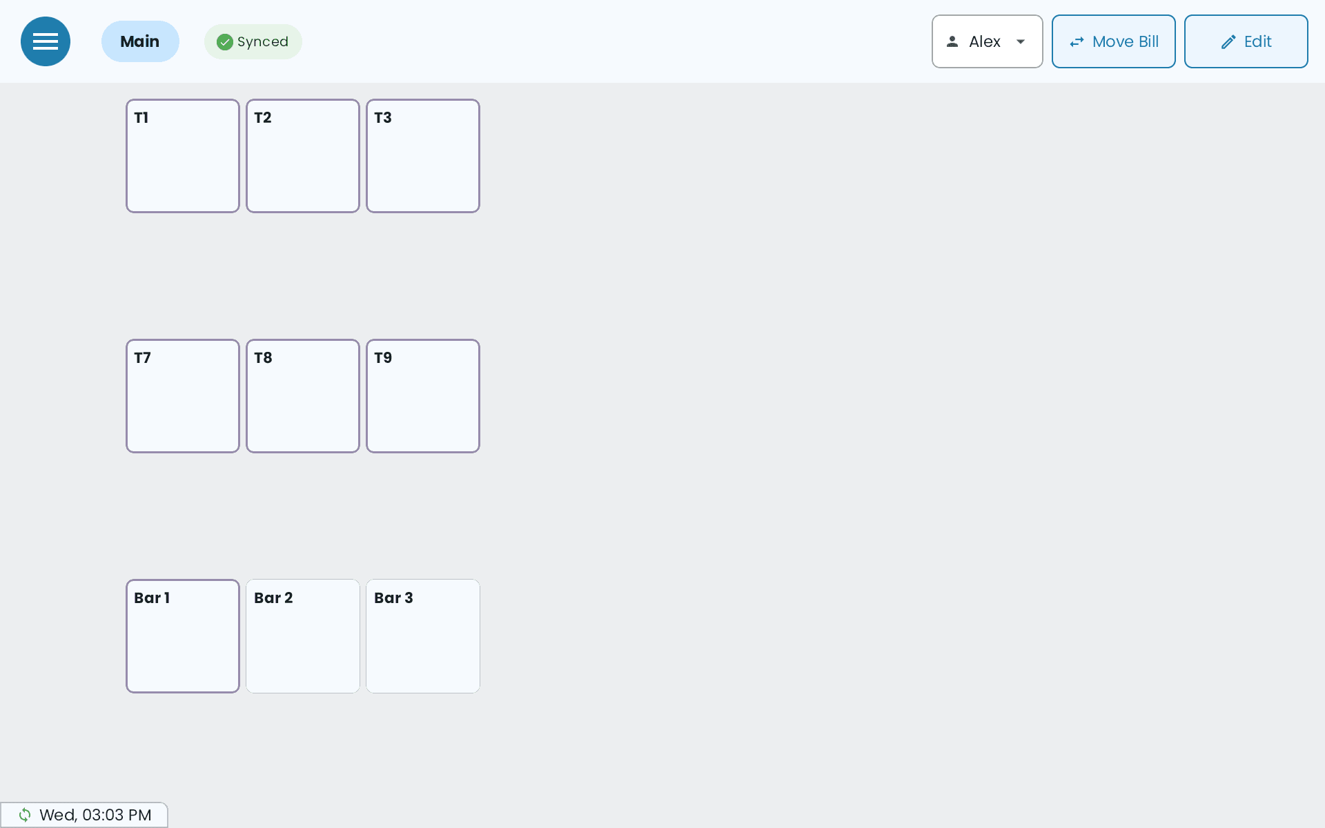 The floor plan filtered to one server: their tables, plus tables nobody has opened yet