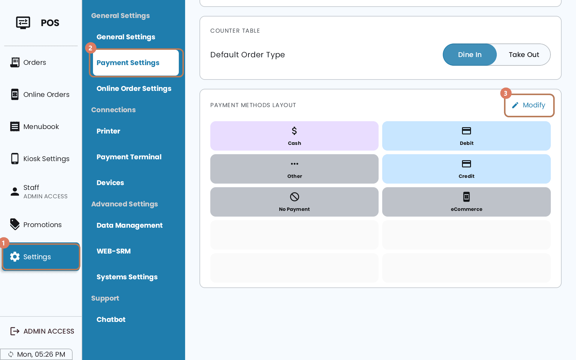 Payment Settings on the POS, with the Payment Methods Layout card showing the six default buttons and Modify at its top right