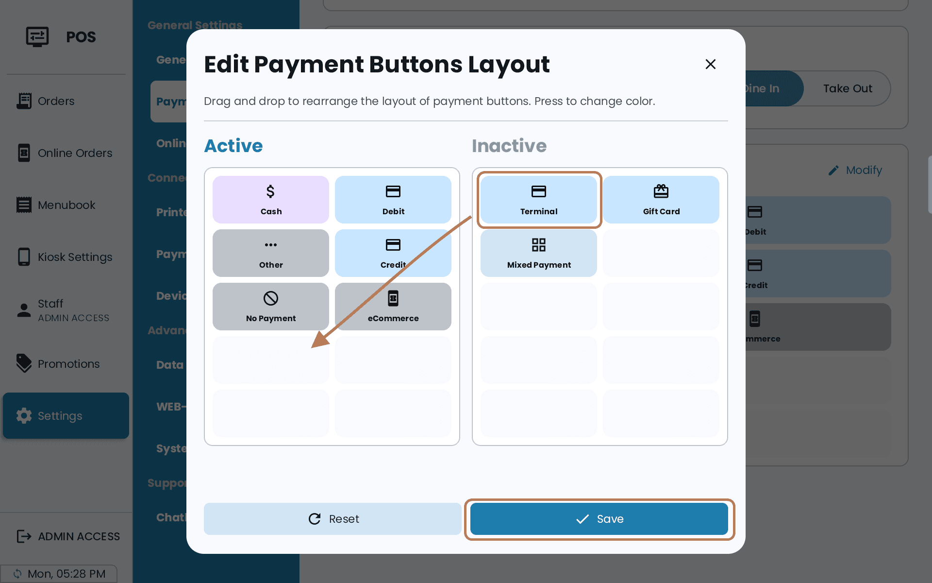 The Edit Payment Buttons Layout editor with Active and Inactive grids, and an arrow dragging Terminal from Inactive into an empty Active slot