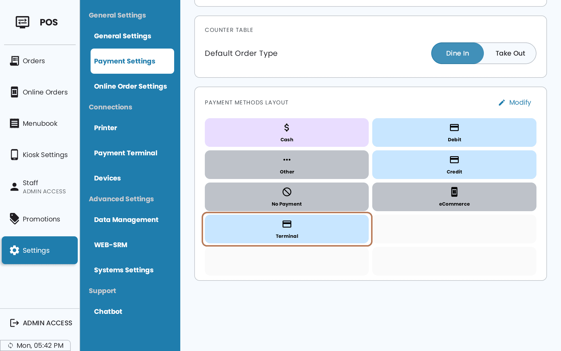 The Payment Methods Layout card after saving, with Terminal now among the active buttons