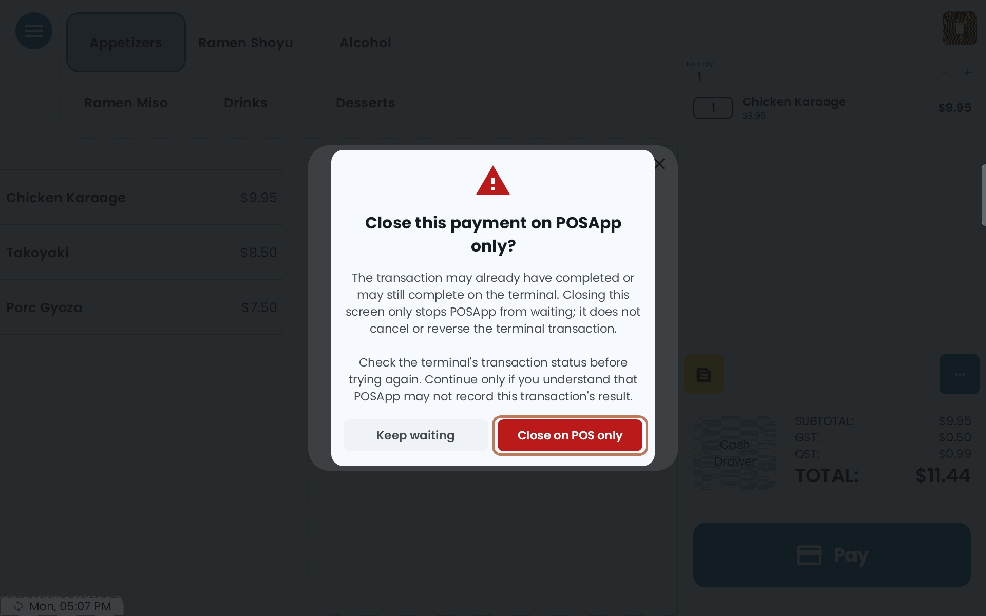 The warning titled Close this payment on POSApp only, with the buttons Keep waiting and Close on POS only