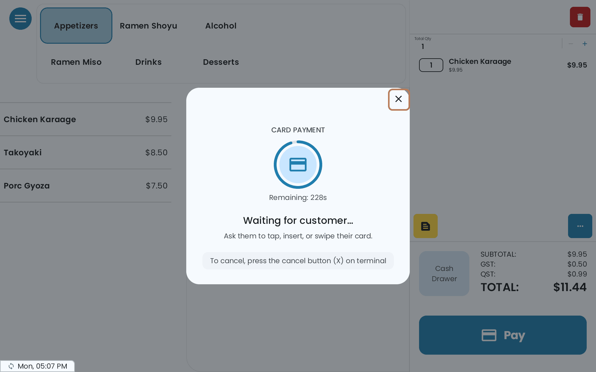 The Card Payment screen reading Waiting for customer, with a countdown and the X highlighted at its top right corner
