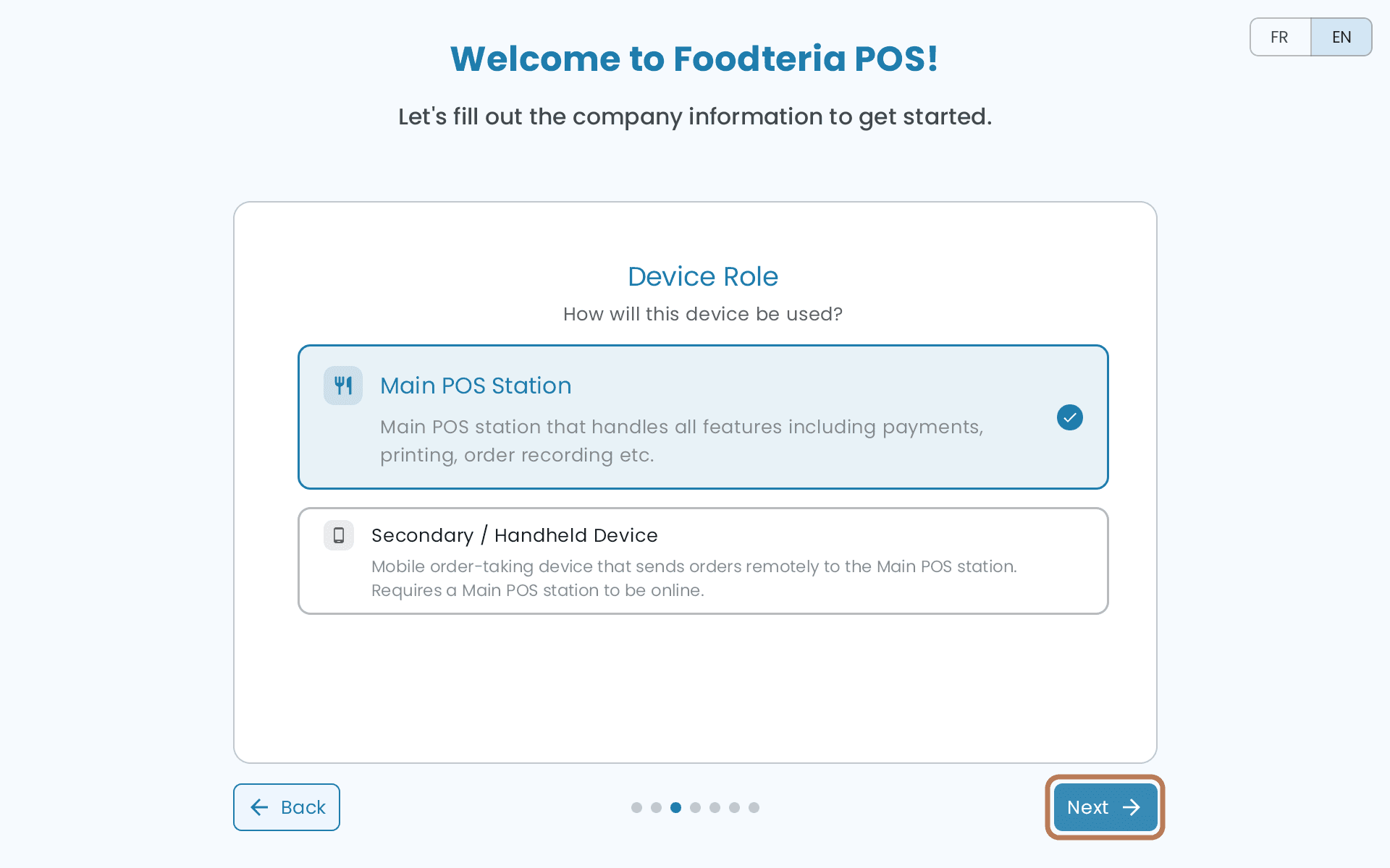 The Device Role screen with Main POS Station selected above Secondary / Handheld Device