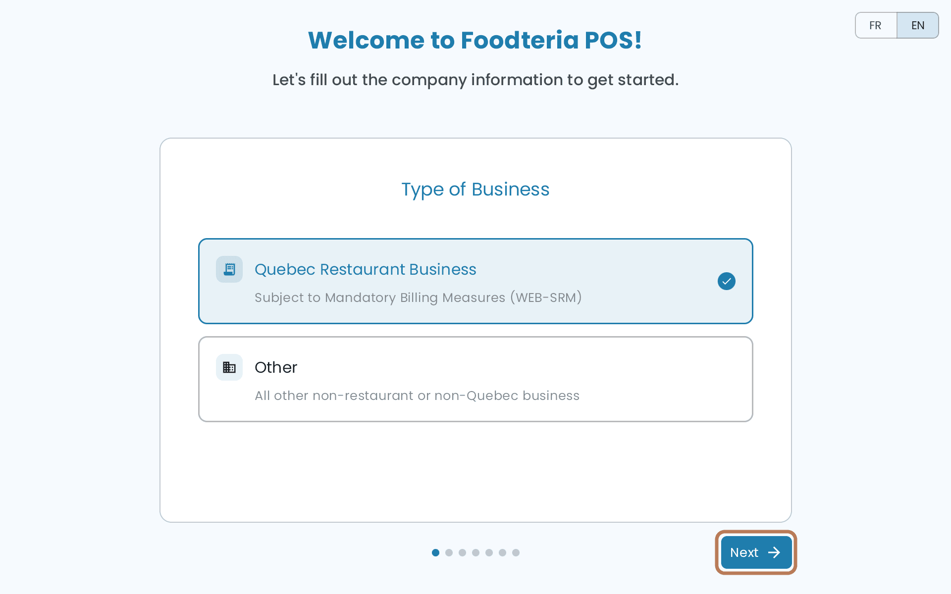 The first setup screen, Type of Business, with Quebec Restaurant Business selected above Other