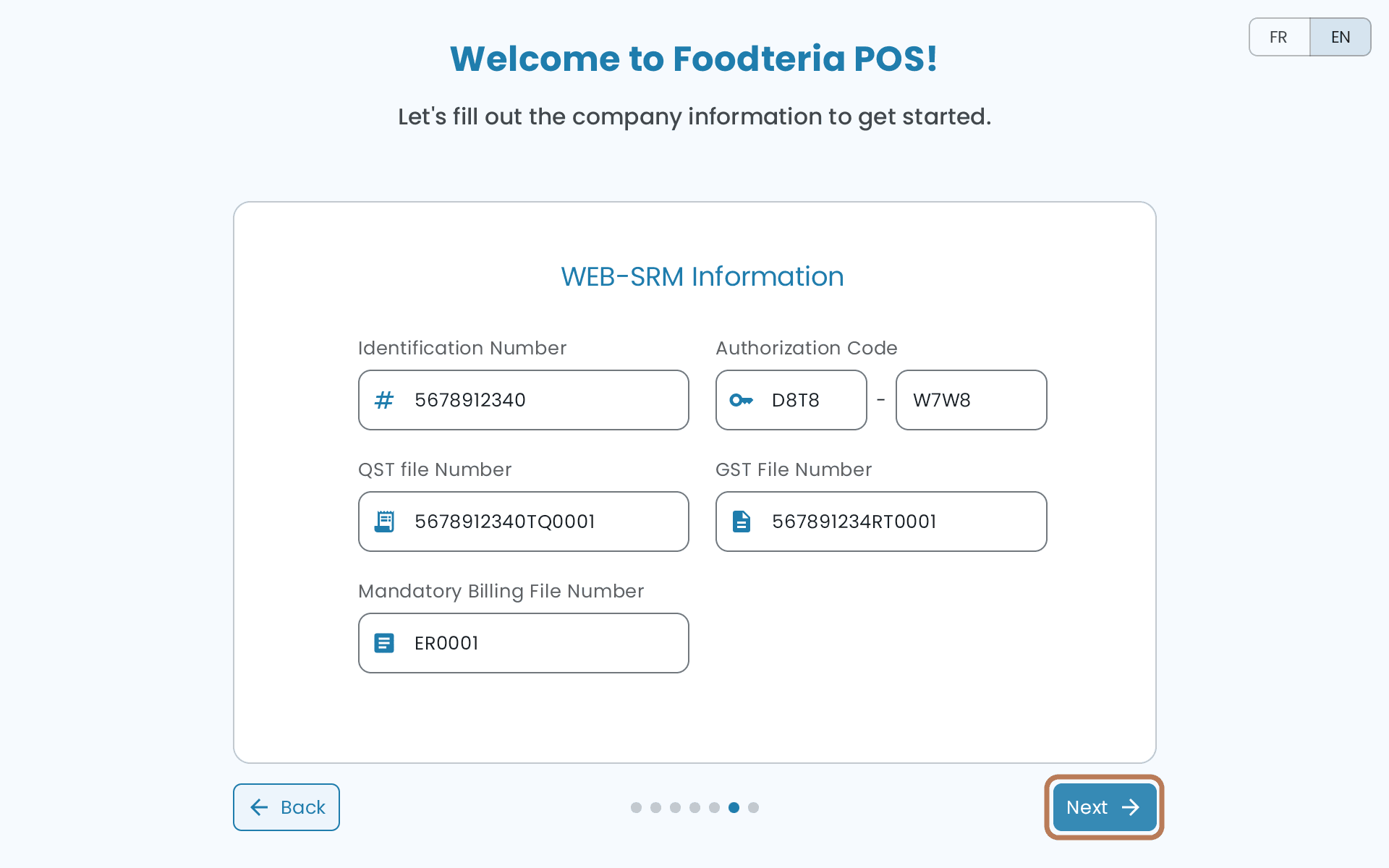 The WEB-SRM Information screen with fields for the Identification Number, Authorization Code, QST file number, GST file number and Mandatory Billing file number