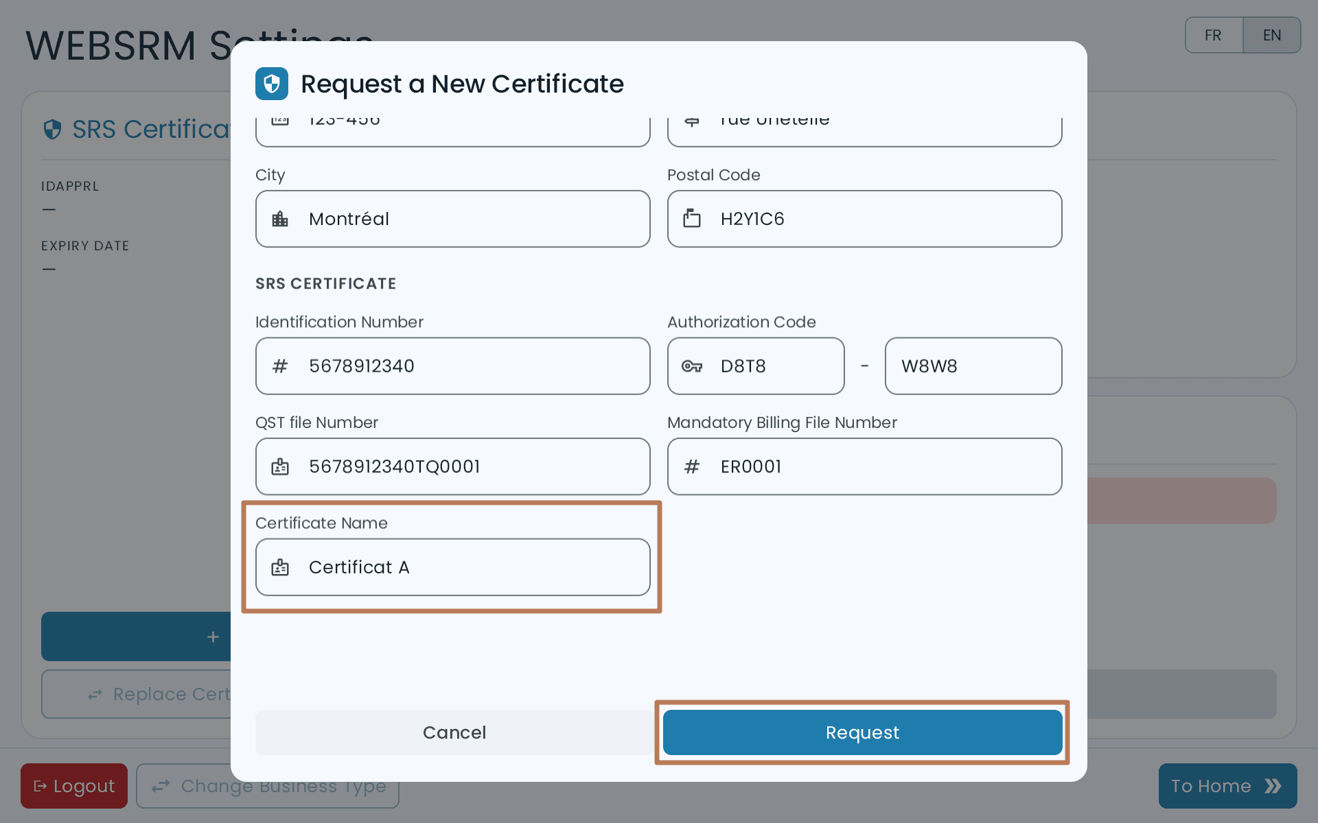 The Request a New Certificate form scrolled to the Certificate Name field, above the Request button