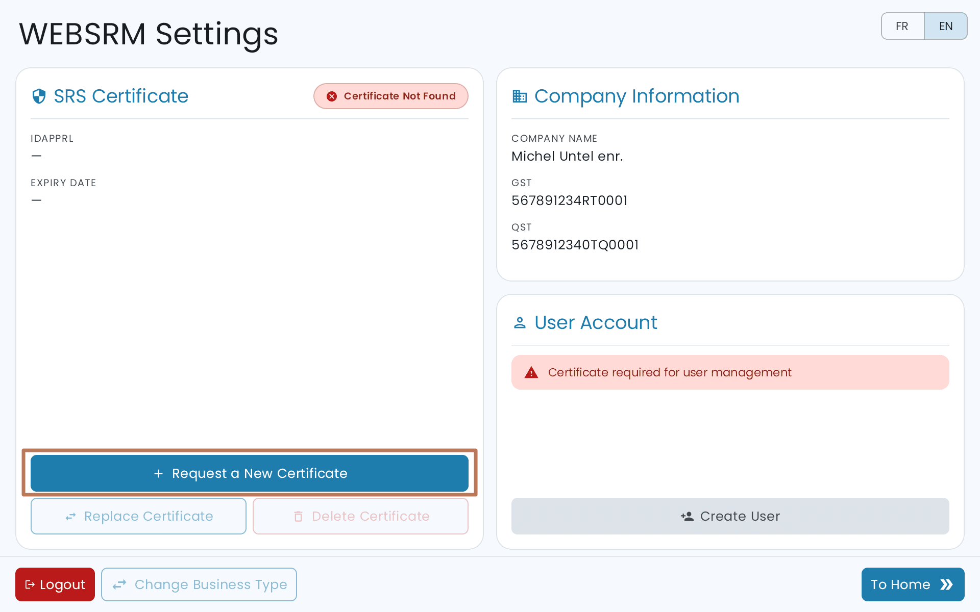 The WEBSRM Settings screen showing Certificate Not Found, with Request a New Certificate highlighted