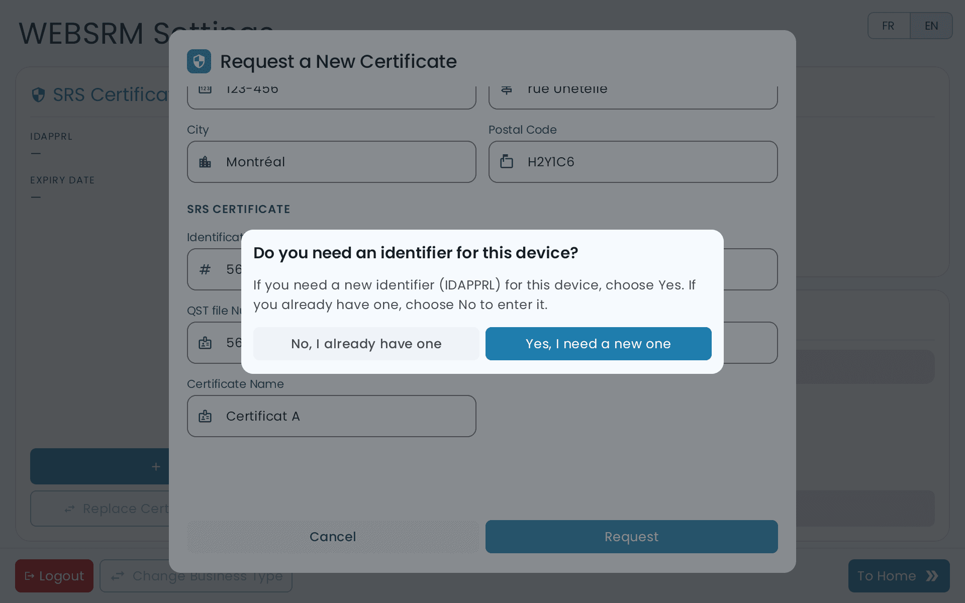 A dialog asking Do you need an identifier for this device, with the answers No, I already have one and Yes, I need a new one