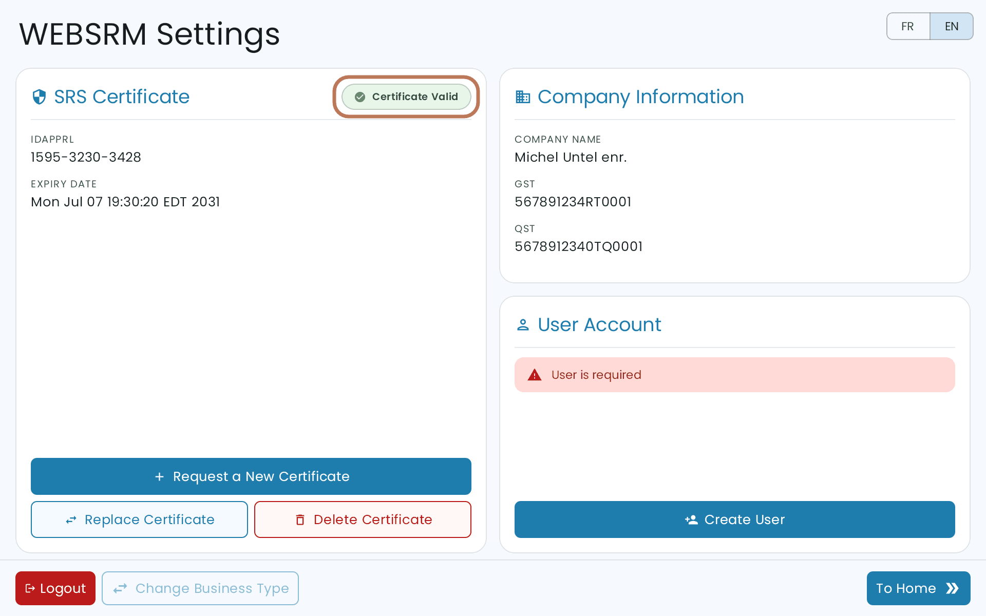 The WEBSRM Settings screen now showing Certificate Valid with an IDAPPRL and expiry date, and a warning that a user is required