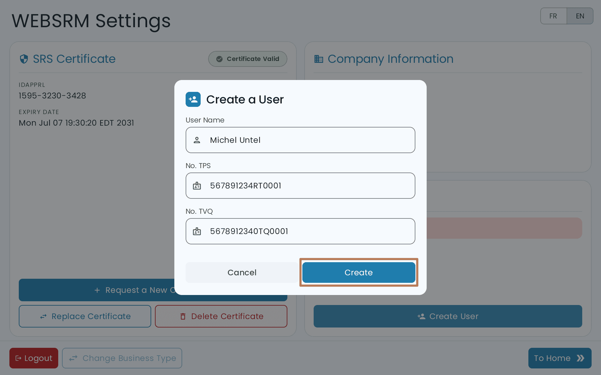The Create a User dialog with a User Name field and the GST and QST numbers already filled in