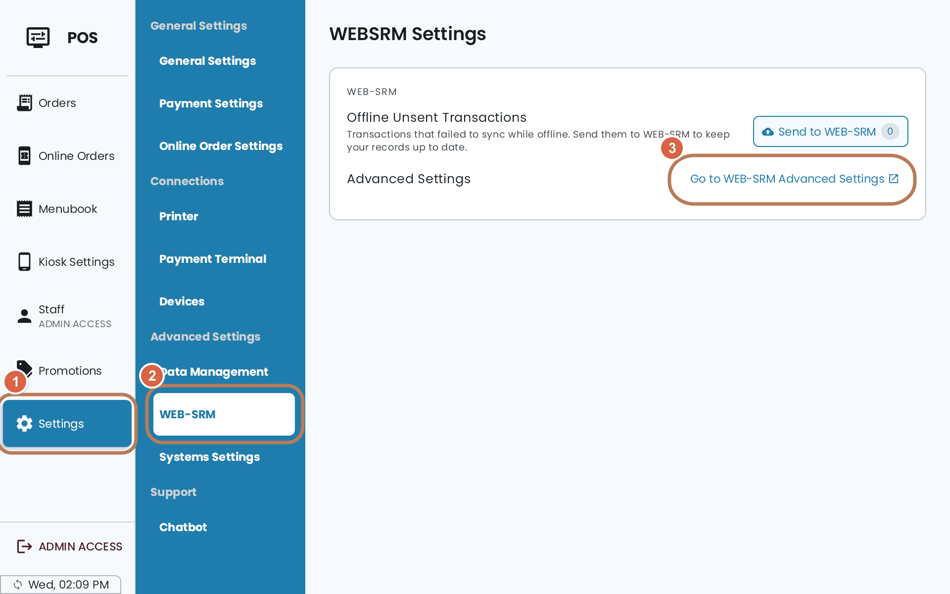 Settings on the POS with WEB-SRM open, showing Send to WEB-SRM and the link Go to WEB-SRM Advanced Settings