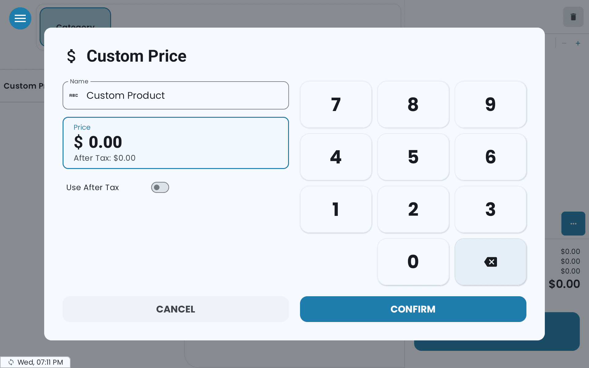 The Custom Price popup with a Name field, a Price entered on a number pad, a Use After Tax switch and Confirm