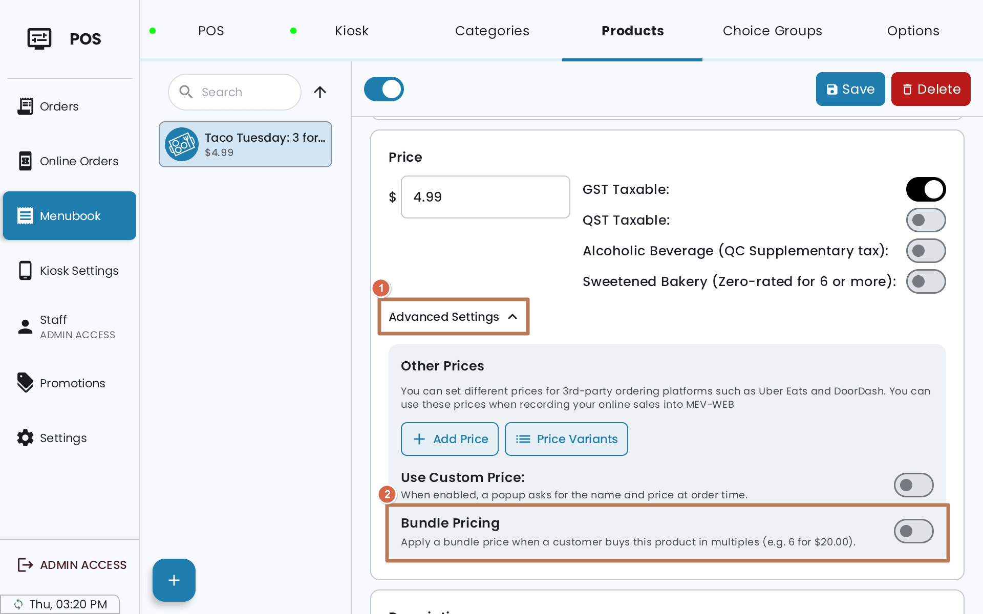 A product's Price section in Menubook with Advanced Settings open, showing Other Prices, Use Custom Price and Bundle Pricing