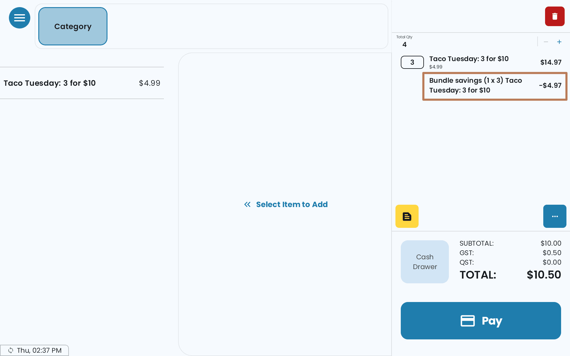 A cart with three of the same item and a Bundle savings line taking $4.97 off