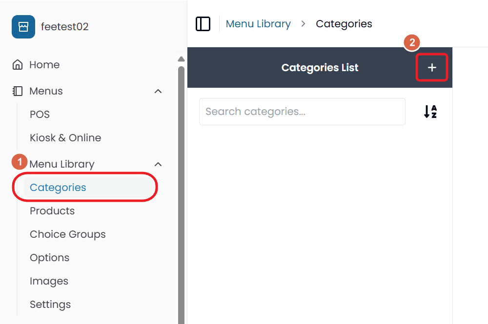 The Back Office sidebar with Categories selected under Menu Library, and the plus button on the Categories List