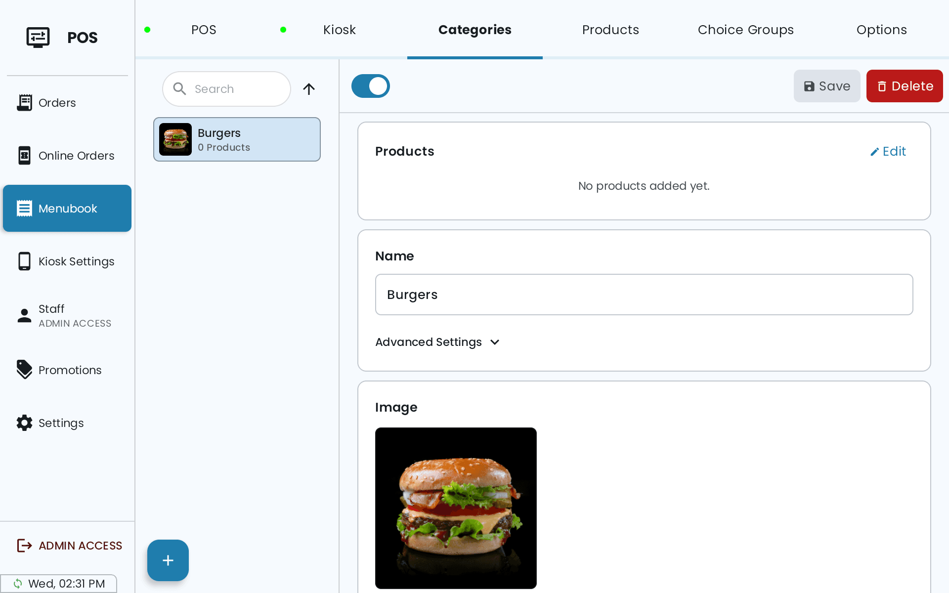 A category open in Menubook on the POS, with the Enabled switch at the top left and Save and Delete at the top right