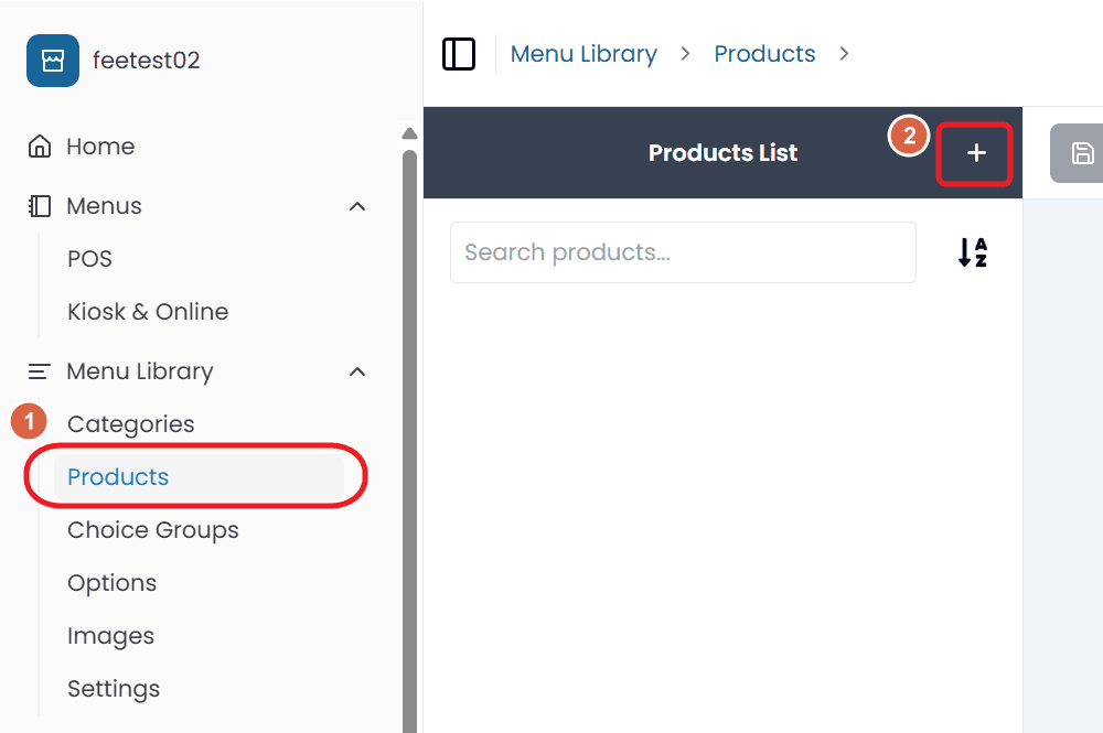 The Back Office sidebar with Products selected under Menu Library, and the plus button on the Products List