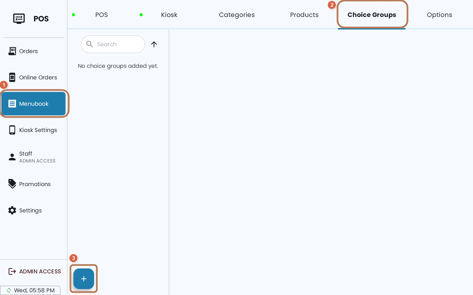 Menubook on the POS with the Choice Groups tab open and the plus button at the bottom left