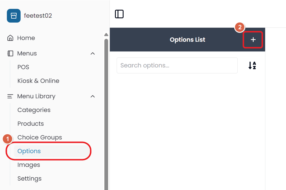 The Back Office sidebar with Options selected under Menu Library, and the plus button on the Options List