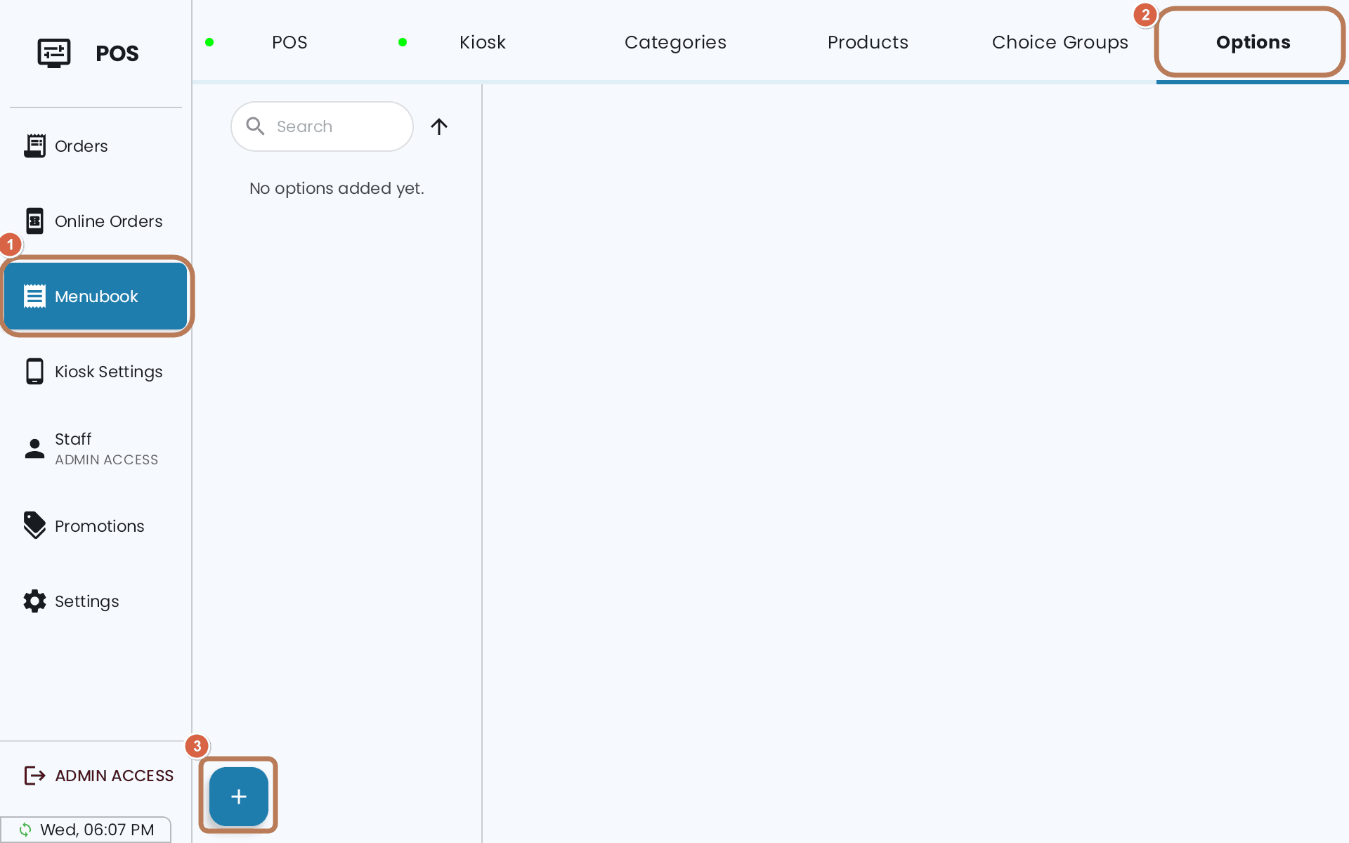 Menubook on the POS with the Options tab open and the plus button at the bottom left