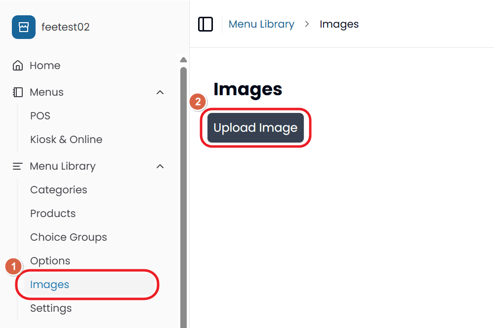The Back Office sidebar with Images selected under Menu Library, and the Upload Image button