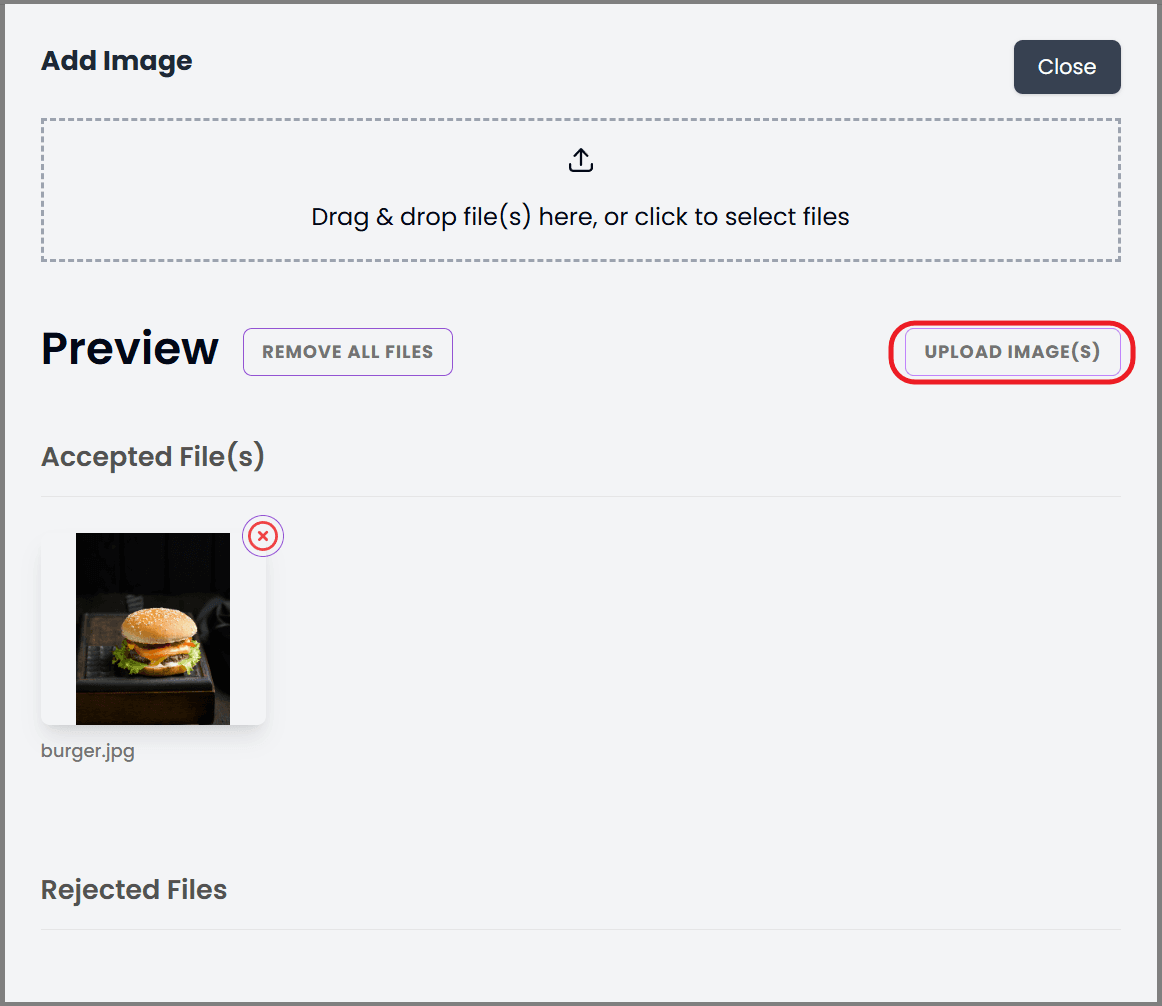 The Add Image dialog with a drop zone, one accepted file previewed under Accepted Files, an empty Rejected Files list, and the Upload Images button