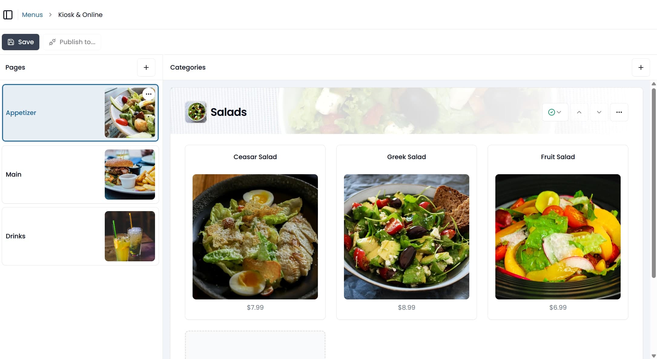 The Kiosk and Online menu in Back Office: a Pages column on the left, and the selected page's categories with their products on the right
