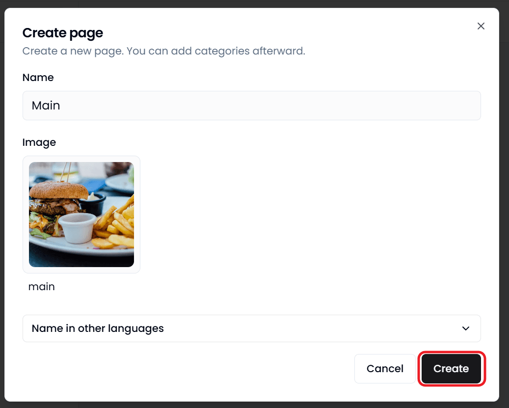 The Create page dialog with a Name, an Image, Name in other languages and a Create button