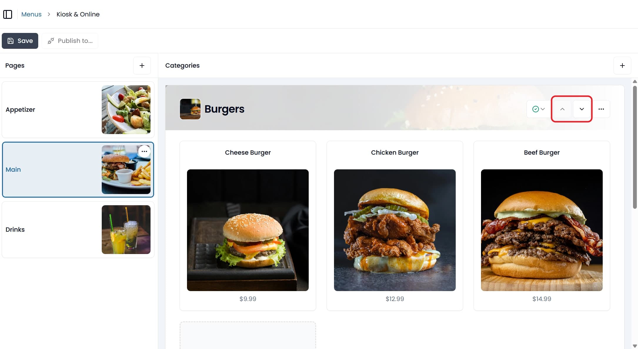 A category header on the Kiosk and Online menu with its up and down arrows highlighted