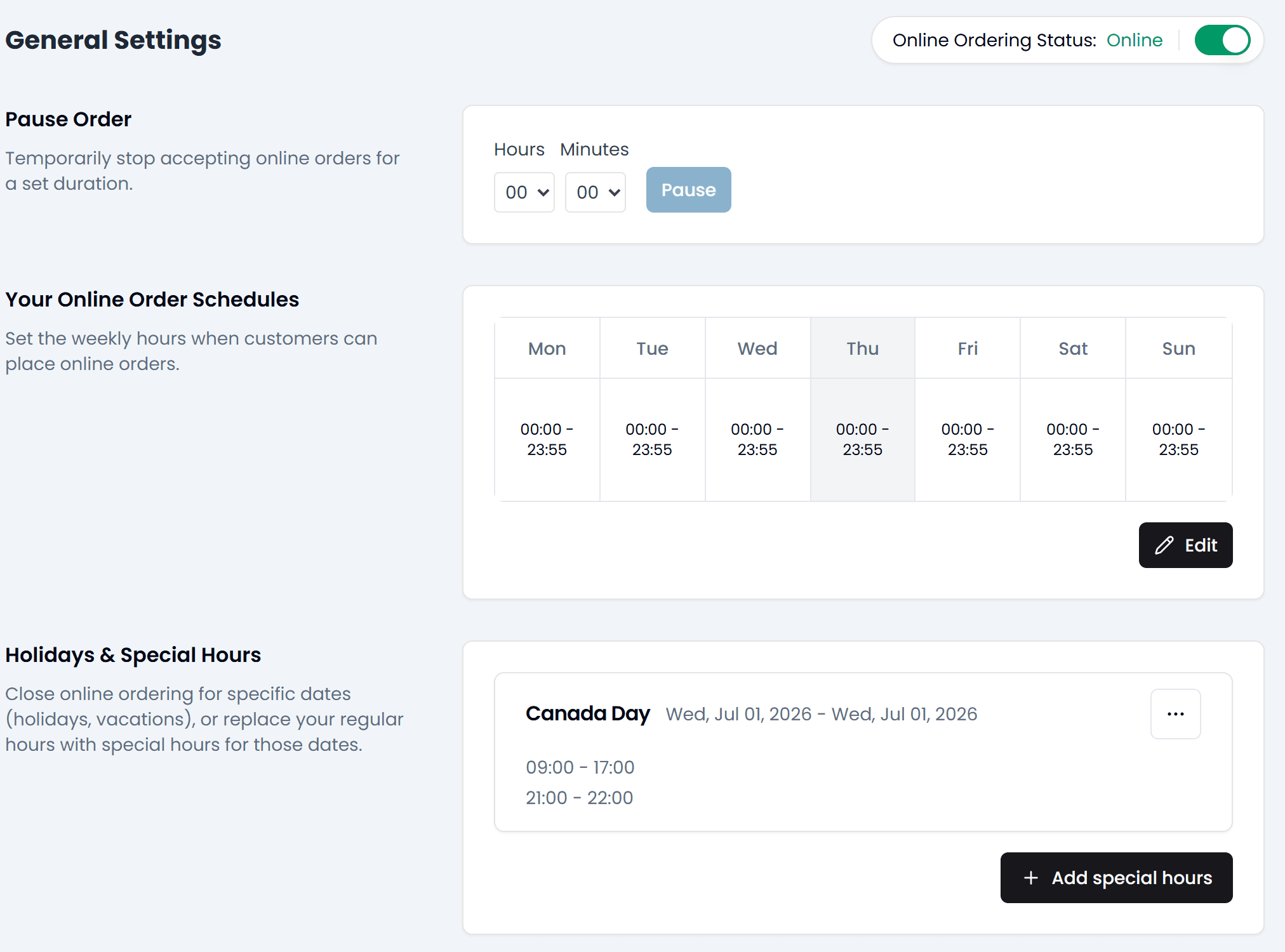 Online Order General Settings: Pause Order, the weekly schedule grid with an Edit button, and Holidays and Special Hours with an Add special hours button