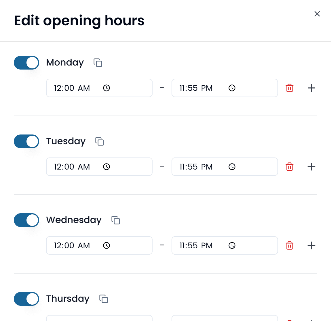 The Edit opening hours panel: each day has a switch, a copy icon, a start and end time, a bin and a plus