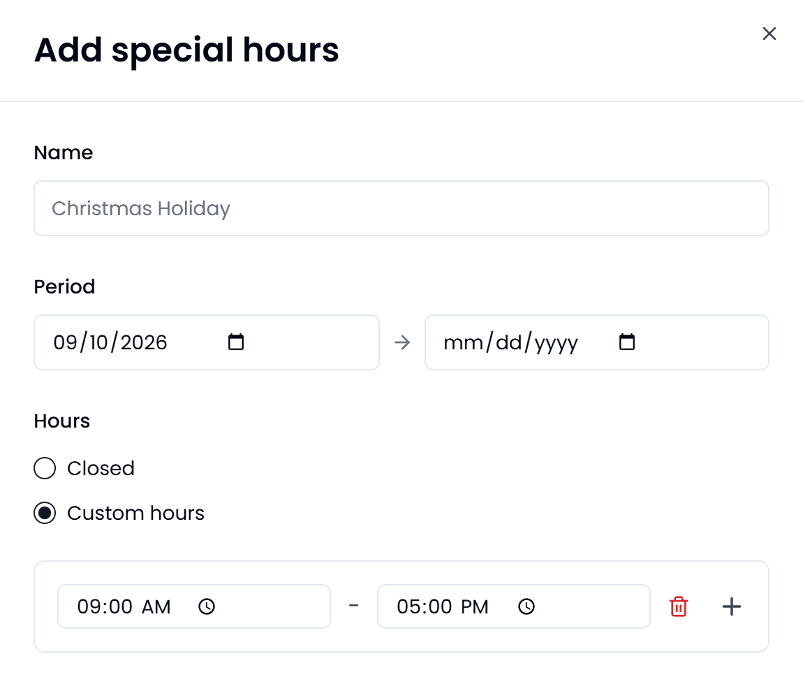 The Add special hours panel with a Name, a Period of two dates, and a choice between Closed and Custom hours