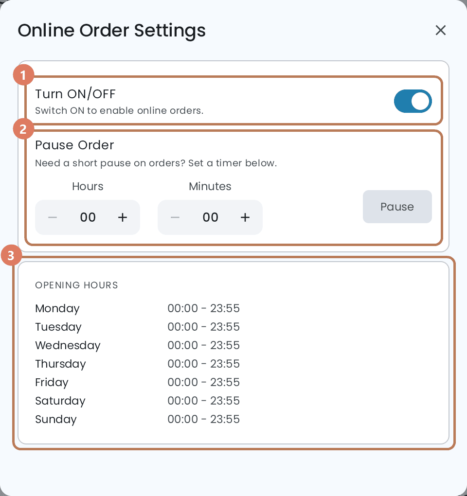 The Online Order Settings panel on the POS: Turn ON/OFF, Pause Order with hours and minutes, and the week's opening hours