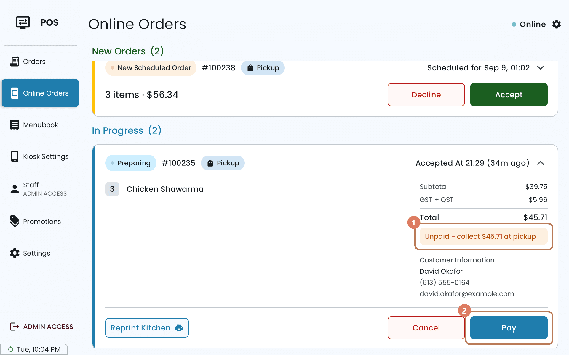 An accepted pickup order opened up, with a note reading Unpaid, collect $45.71 at pickup, and a Pay button