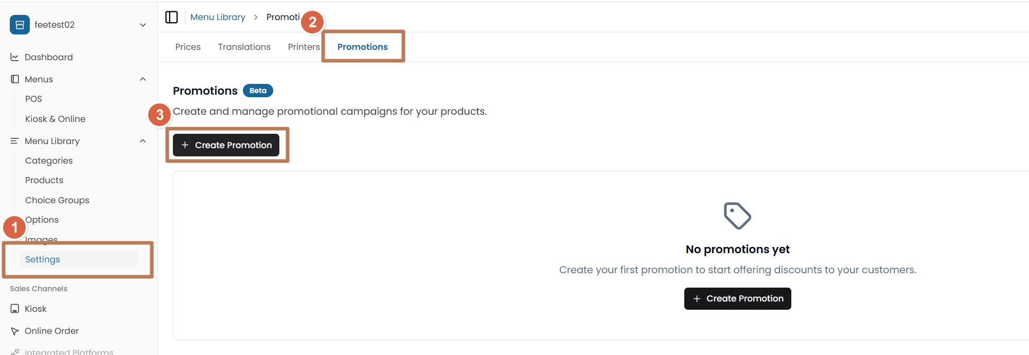 Back Office with Settings open under Menu Library, the Promotions tab selected beside Prices, Translations and Printers, and a Create Promotion button
