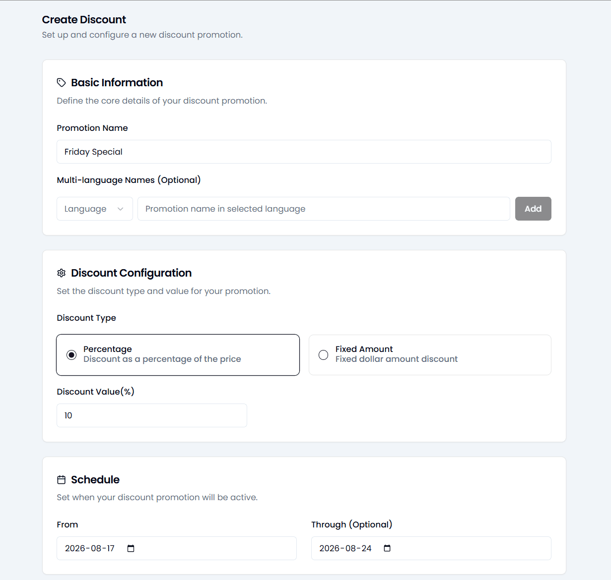The Create Discount form in Back Office: Promotion Name, a choice of Percentage or Fixed Amount with a Discount Value, and a Schedule with From and Through dates