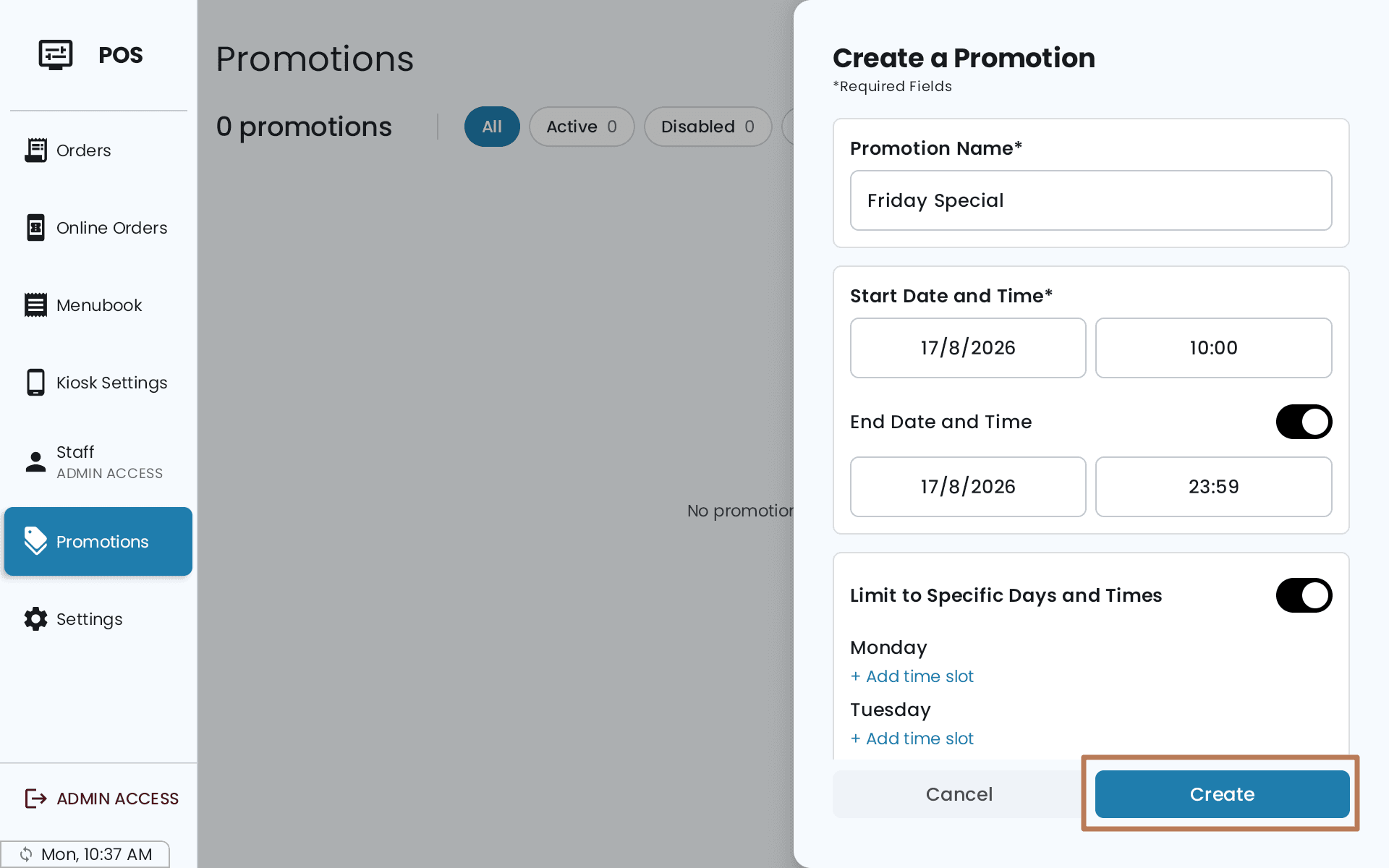 The Create a Promotion panel on the POS with Limit to Specific Days and Times switched on, and an Add time slot link under each day