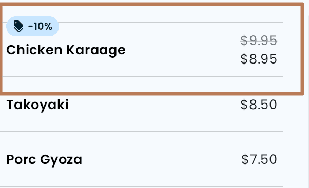 A POS menu item with a minus 10 percent tag, its old price struck through above the new one