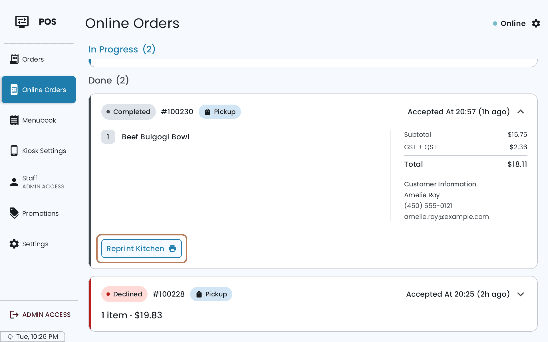 A completed order opened up on the Online Orders screen, with a Reprint Kitchen button at its bottom left