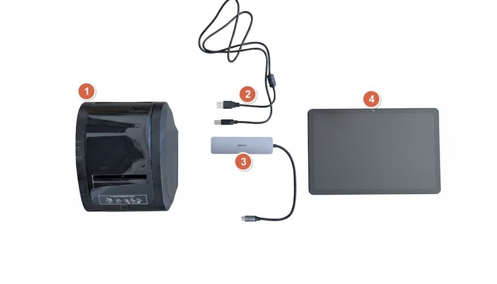 The four parts of a USB setup laid out: a receipt printer, a USB cable, a USB-C hub and a tablet