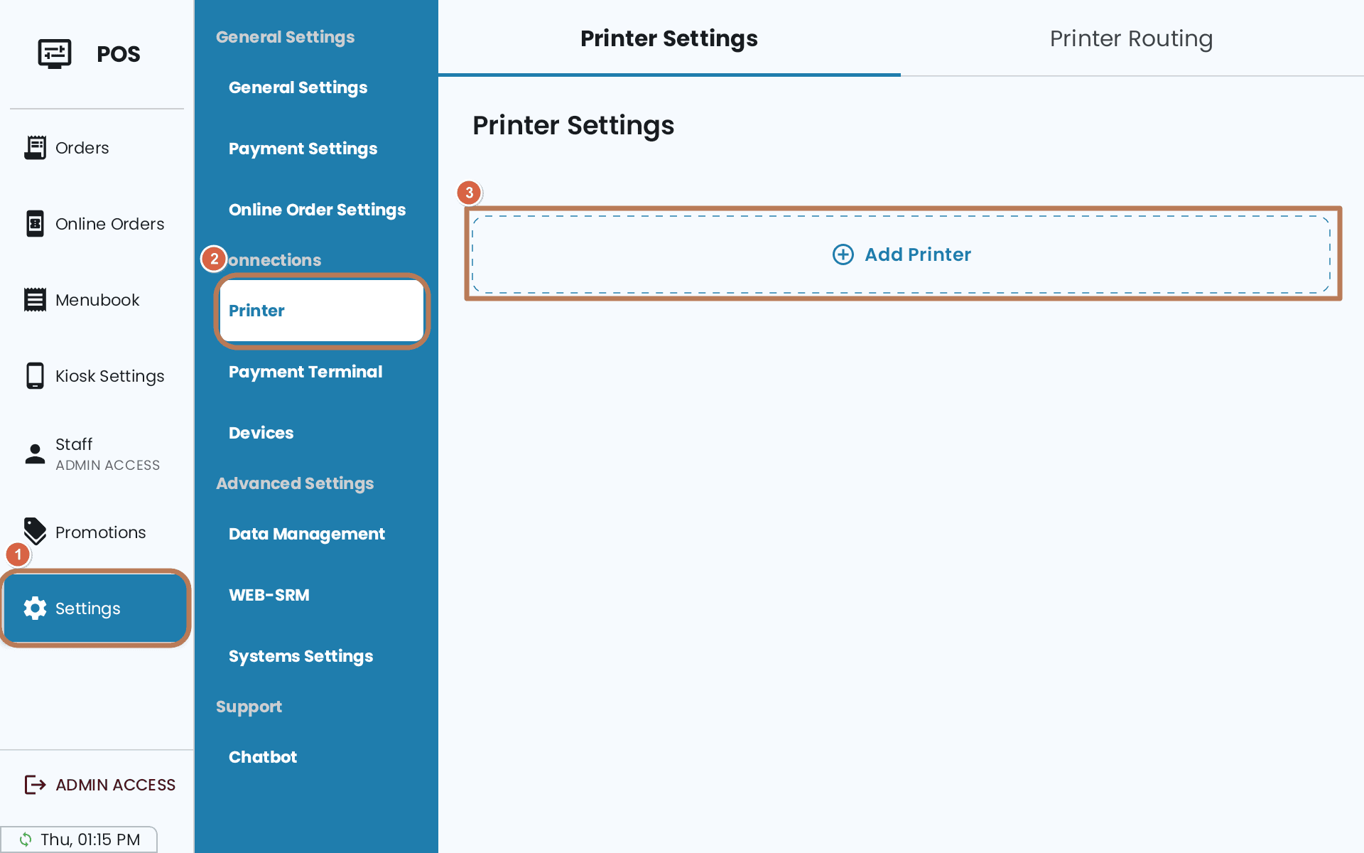 Printer Settings on the POS with the Add Printer button highlighted